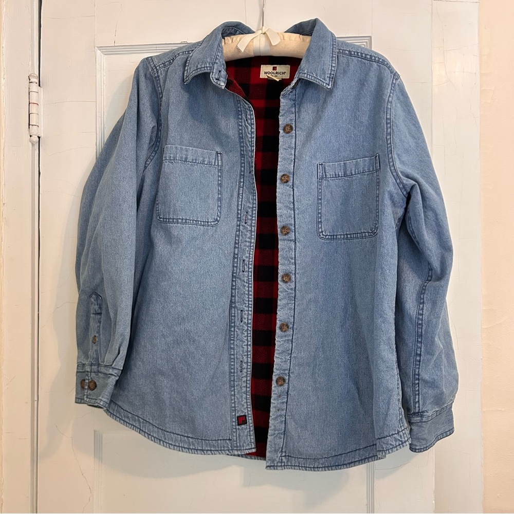 Woolrich Blanket Fleece Lined Jean Jacket Women’s Shacket Buffalo Plaid Sz M - Picture 3 of 10